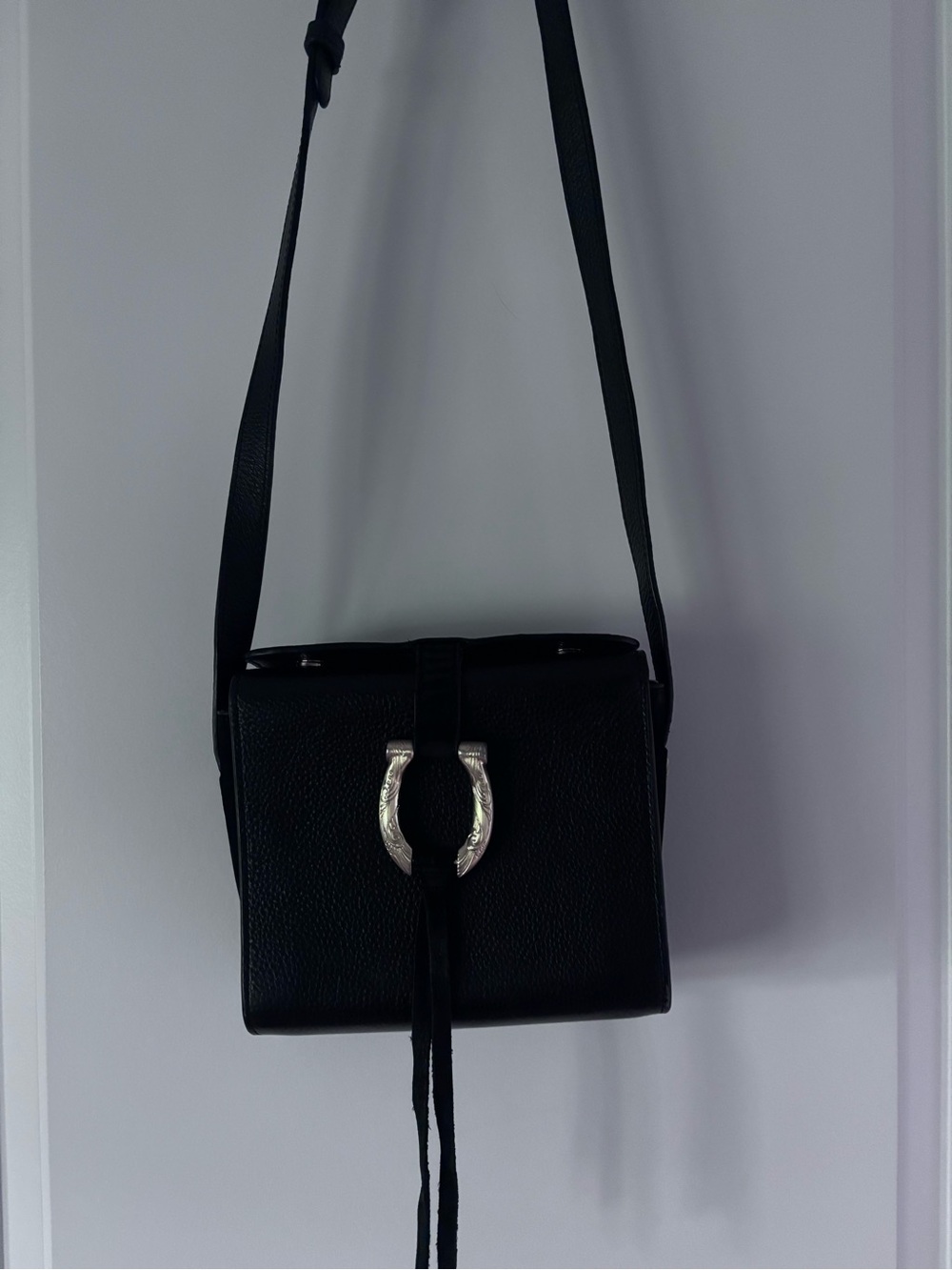 Classic Black Leather Crossbody Bag with Silver Accent